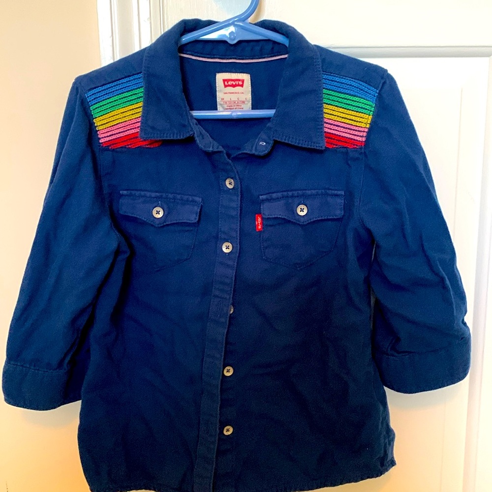 Levi’s 3/4 sleeve navy button down with rainbow stripes